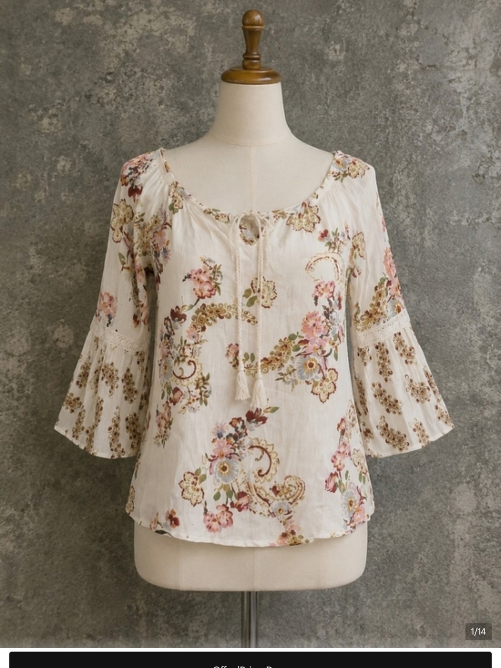 Women's Ivory Floral Peasant Top - Boho Sleeve Blouses - Picture 13 of 13